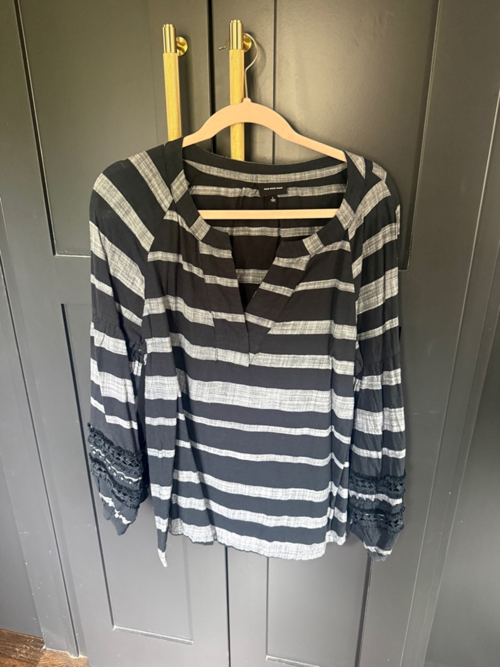 Who What Wear Black & White Striped V-Neck Peasant Blouse